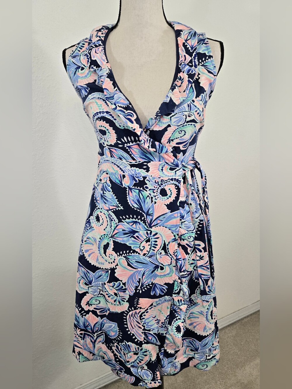 Lilly Pulitzer Romee Wrap Dress Blue/Green/Pink Holy Flockamolie Print, XS